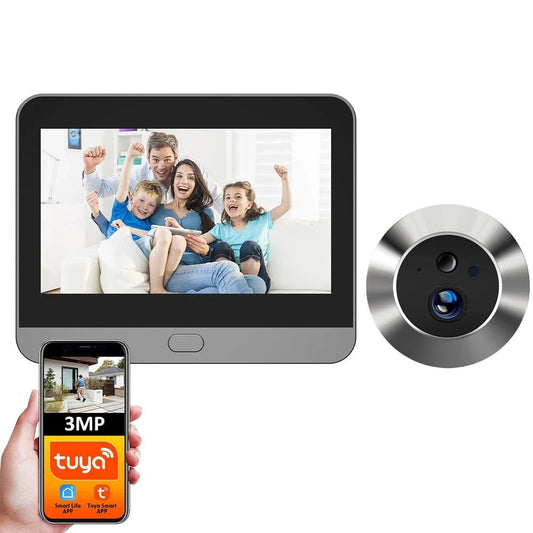Nic's Electronics Alexa Door Cam 64G Tuya Smart 3MP 140° Wide View Angle Mini Digital Peephole Eye Viewer WiFi IR PIR Detection Doorbell Door Camera Alexa Google