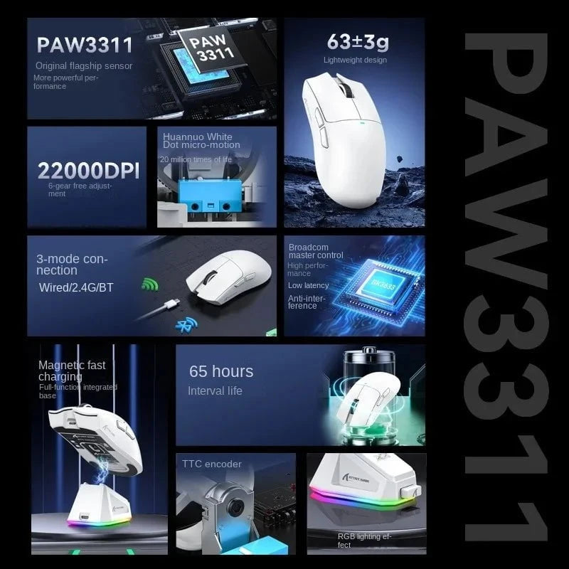 Nic's Electronics Attack Shark X11 Triple Mode Connectivity, PAW3311 Bluetooth Mouse, Touch Magnetic Charging Dock, Ultra-Light Gaming Mouse