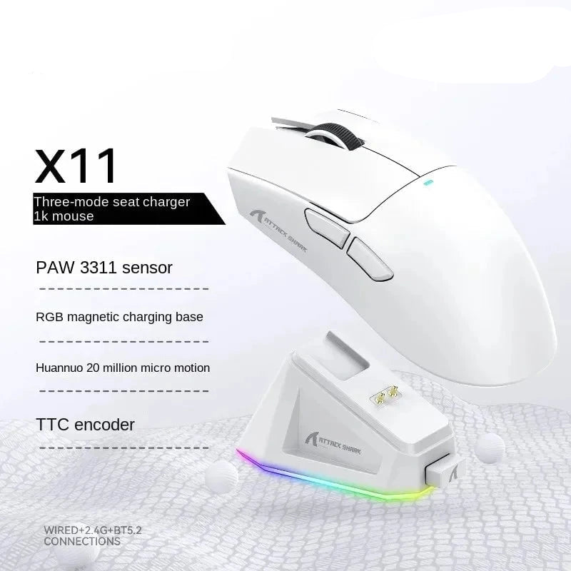 Nic's Electronics Attack Shark X11 Triple Mode Connectivity, PAW3311 Bluetooth Mouse, Touch Magnetic Charging Dock, Ultra-Light Gaming Mouse