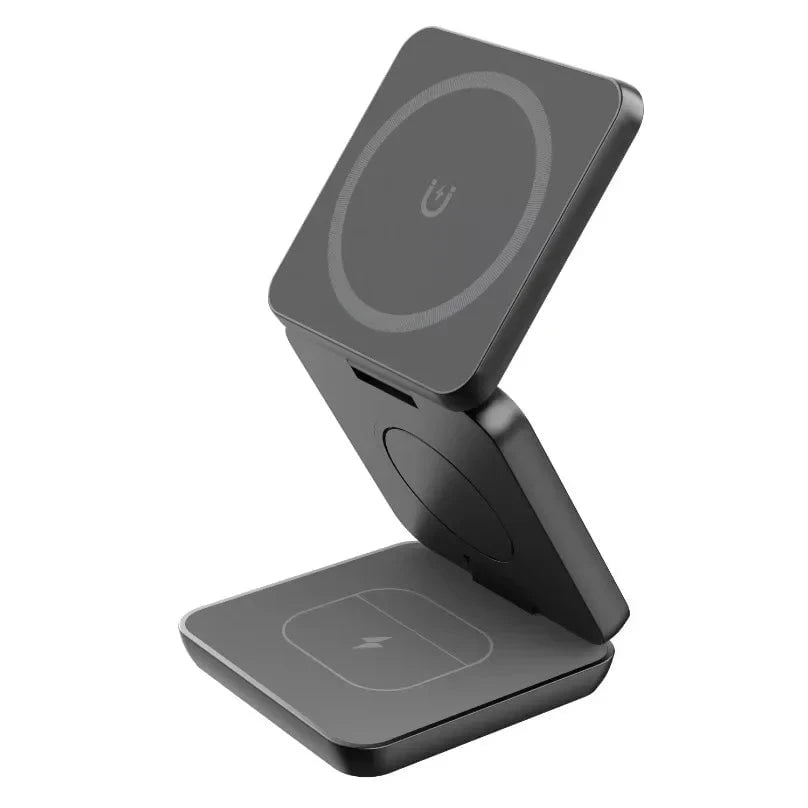 Nic's Electronics Black 2 Foldable 3 In 1 Wireless Charging Station For iPhone 15 14 13 12 AirPods 3/2 iWatch 9 8 7 for Samsung Galaxy Magnetic Charger