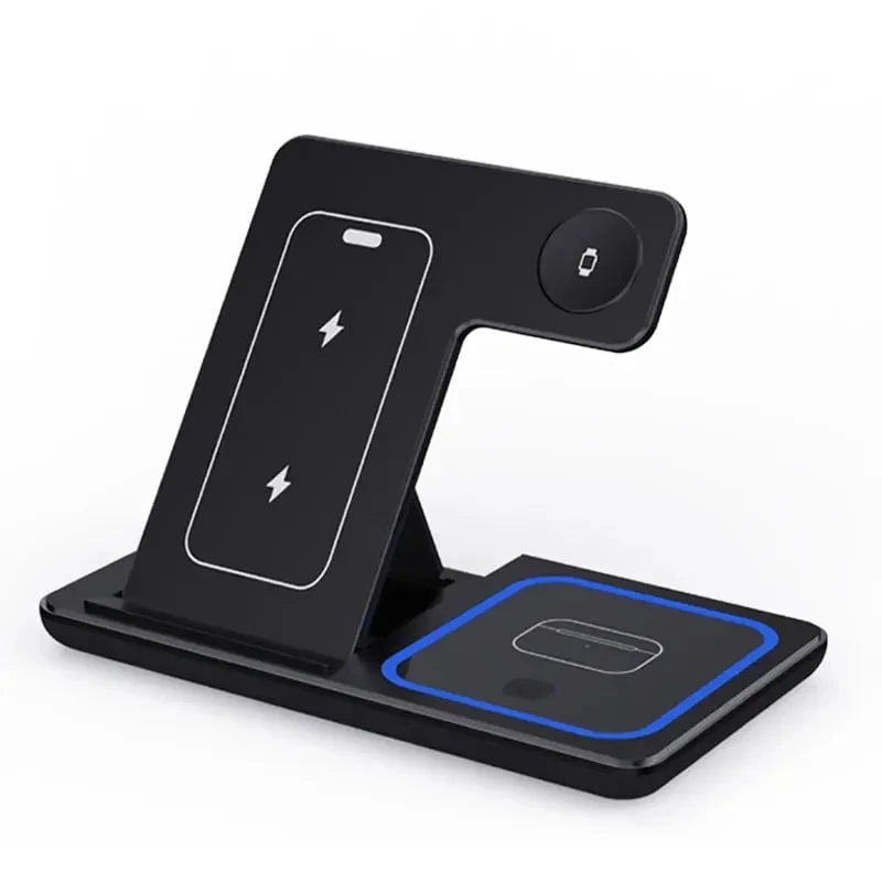 Nic's Electronics black 30W 3 in 1 LED Fast Wireless Charger Stand Foldable Charging Station For iPhone 15 14 13 12 11 Apple Watch 9 8 7 6 5 Airpods Pro