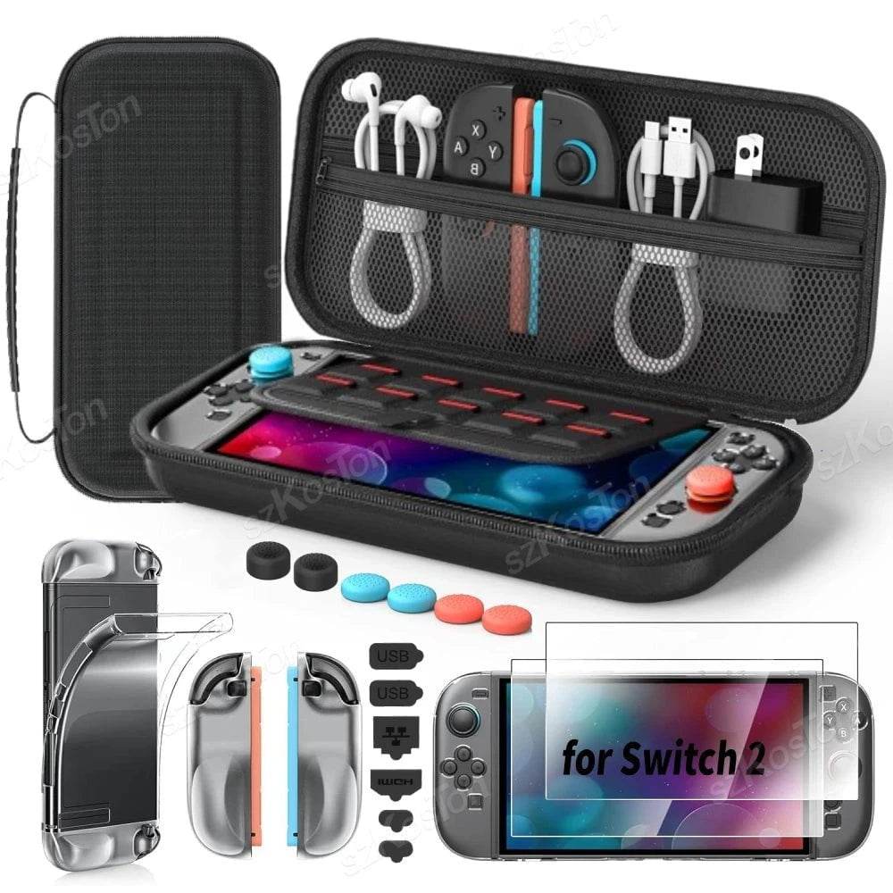 Switch 2 Accessories Bundle – Case, Cover, Screen Protector, Thumb Grips & Dust Plugs - Nic's Electronics