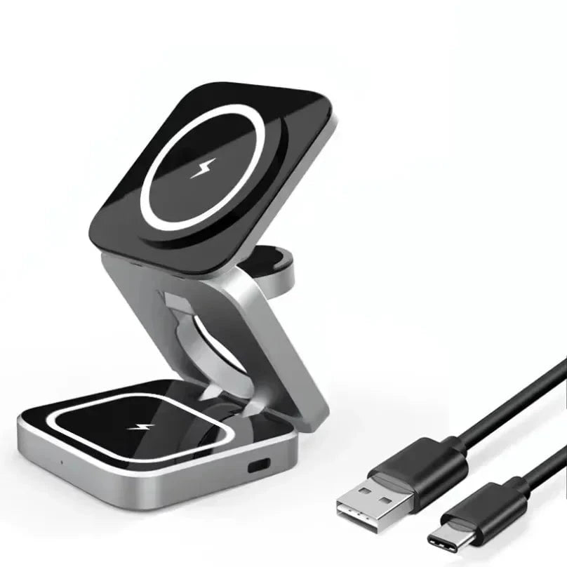 Nic's Electronics black Foldable 3 In 1 Wireless Charging Station For iPhone 15 14 13 12 AirPods 3/2 iWatch 9 8 7 for Samsung Galaxy Magnetic Charger