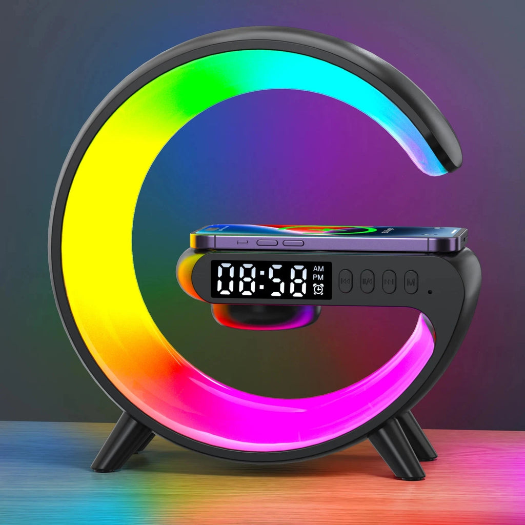 Nic's Electronics Black Multifunction Wireless Charger Pad Stand Speaker TF RGB Night Light 15W Fast Charging Station for iPhone Samsung Xiaomi Huawei
