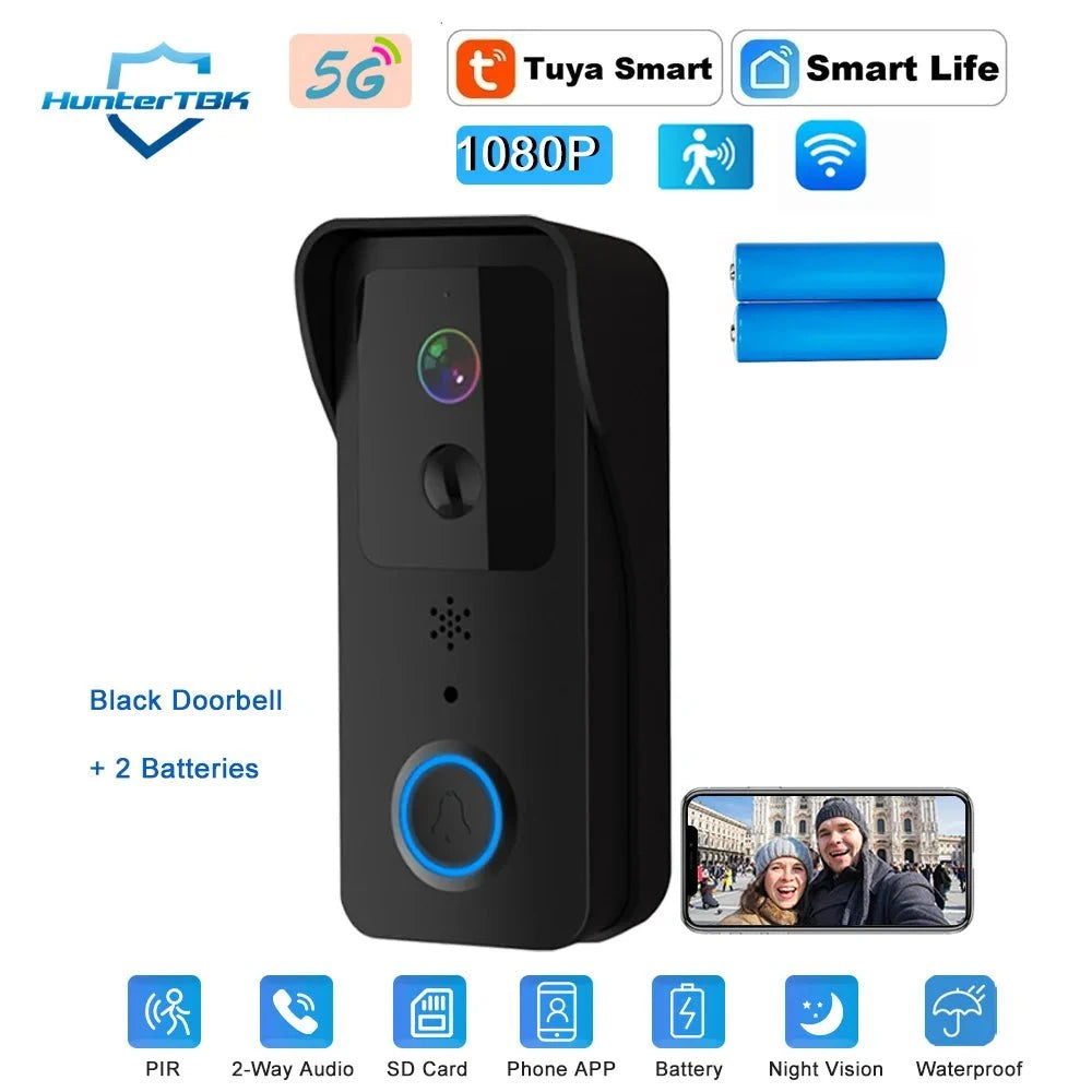 Nic's Electronics Black Option 1 / EU Plug 5G 2.4G WiFi Video Doorbell 1080P Tuya Smart Outdoor Wireless Intercom Waterproof Wireless Camera Ringing Bell