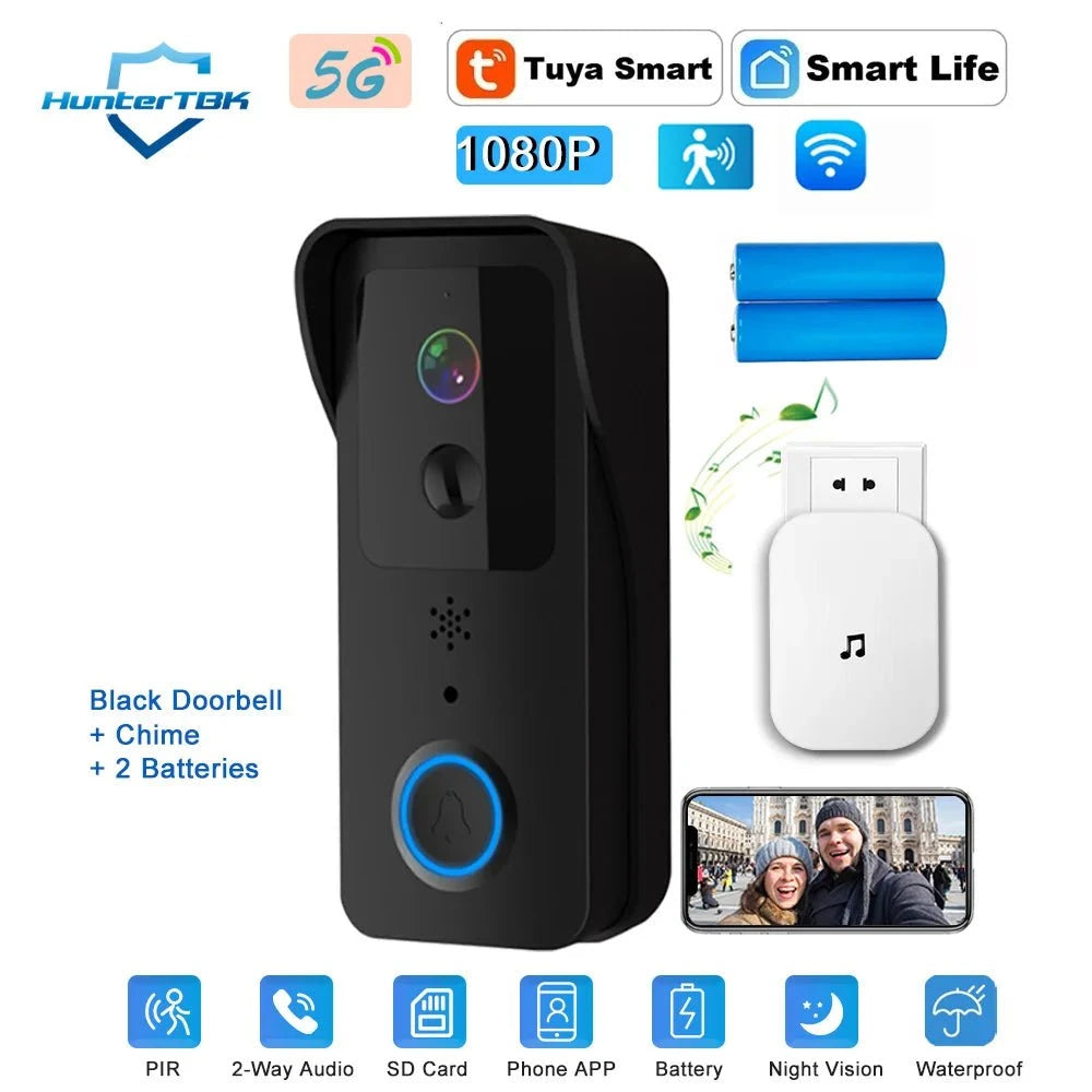 Nic's Electronics Black Option 2 / EU Plug 5G 2.4G WiFi Video Doorbell 1080P Tuya Smart Outdoor Wireless Intercom Waterproof Wireless Camera Ringing Bell