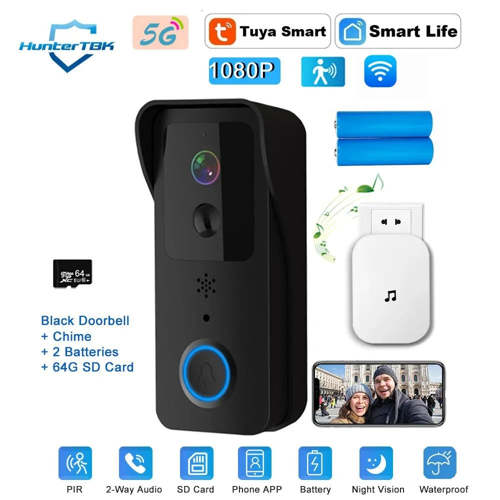 Nic's Electronics Black Option 3 / EU Plug 5G 2.4G WiFi Video Doorbell 1080P Tuya Smart Outdoor Wireless Intercom Waterproof Wireless Camera Ringing Bell