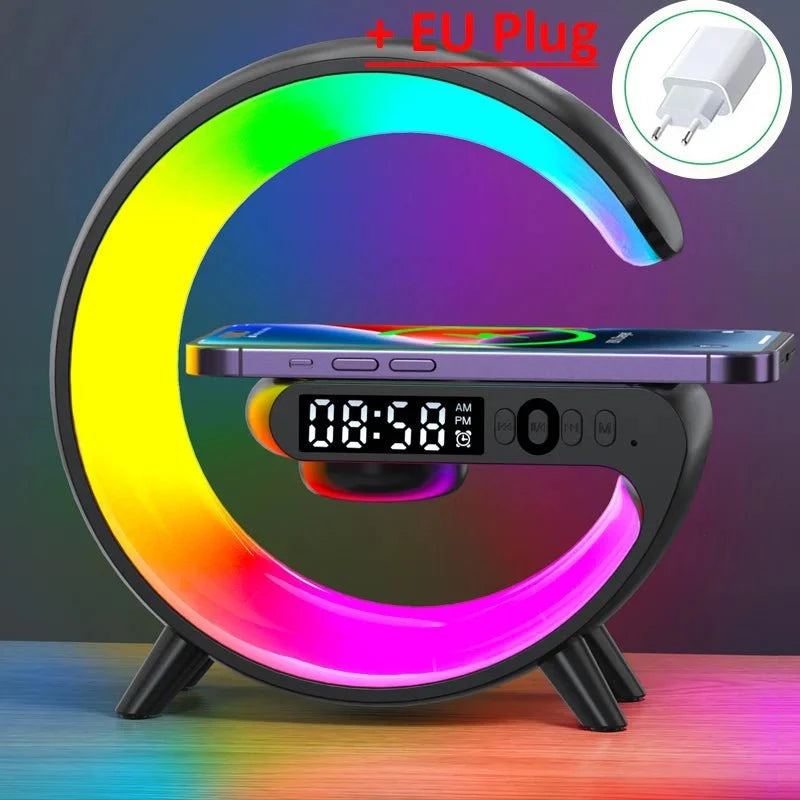 Nic's Electronics Black with EU Plug Multifunction Wireless Charger Pad Stand Speaker TF RGB Night Light 15W Fast Charging Station for iPhone Samsung Xiaomi Huawei