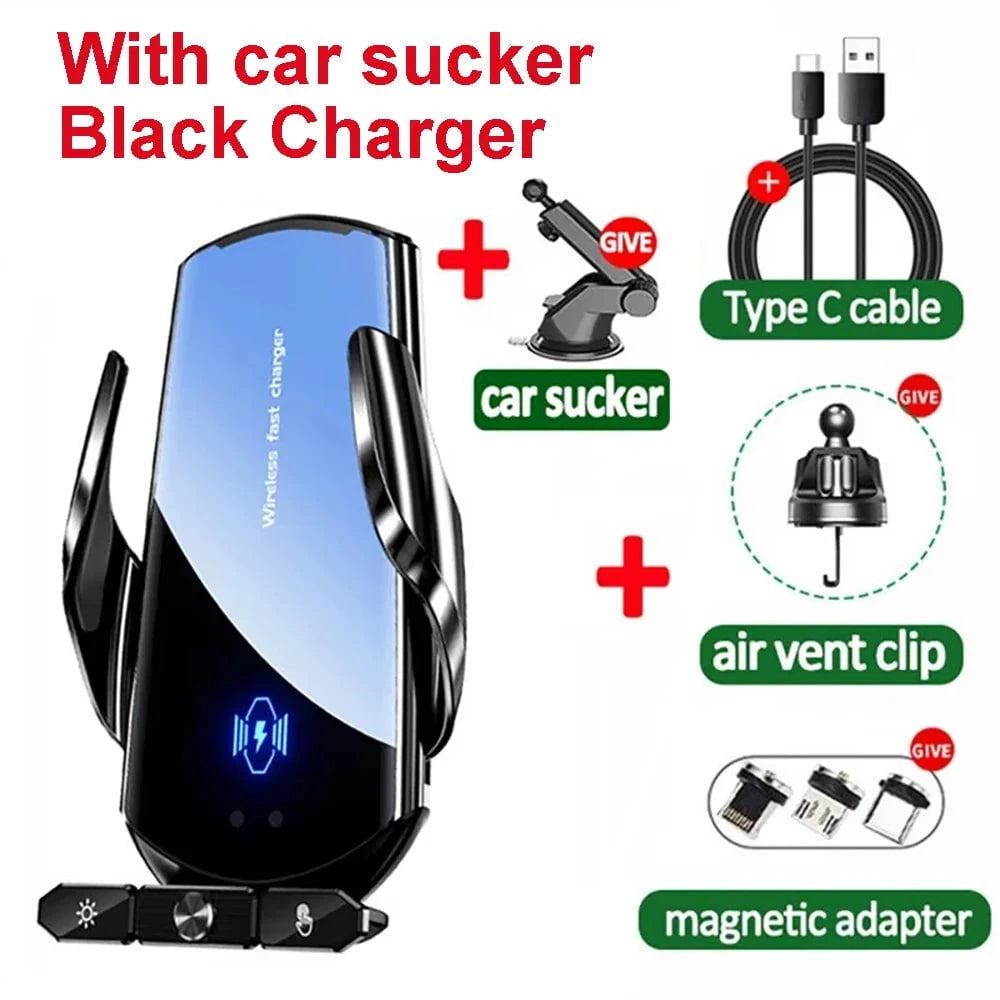 Nic's Electronics Black With Sucker Car Wireless Charger Magnetic Fast Charging Station Air Vent Stand Car Phone Holder Mount For iPhone 16 15 14 13 12 Pro Samsung