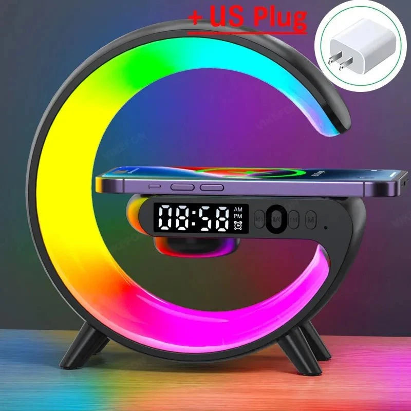 Nic's Electronics Black with US Plug Multifunction Wireless Charger Pad Stand Speaker TF RGB Night Light 15W Fast Charging Station for iPhone Samsung Xiaomi Huawei