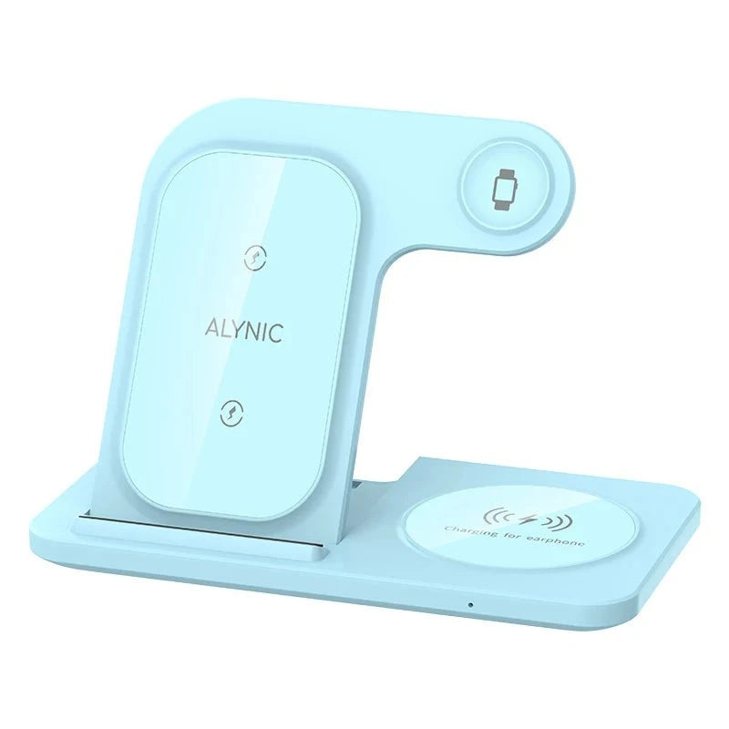 Nic's Electronics Blue 30W 3 in 1 LED Fast Wireless Charger Stand Foldable Charging Station For iPhone 15 14 13 12 11 Apple Watch 9 8 7 6 5 Airpods Pro