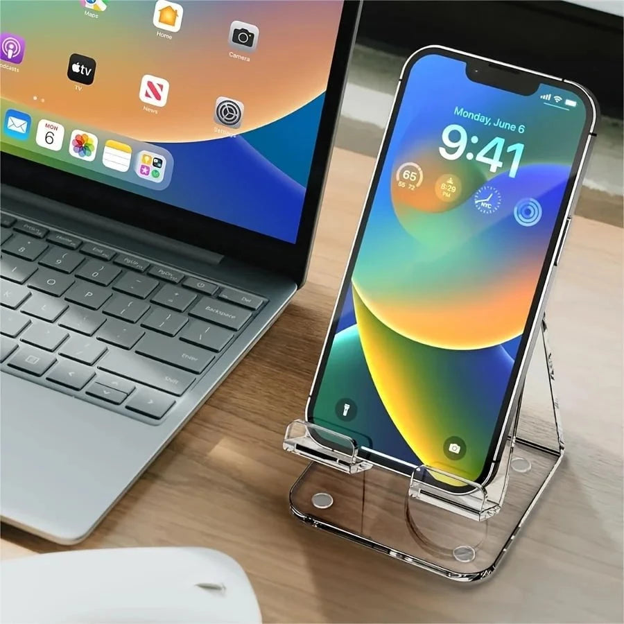 Nic's Electronics Clear Acrylic Cell Phone Stand, Transparent Phone Stand for Desk, Suitable for iPhone 14 13 Pro Max, All Smartphone 4-8in