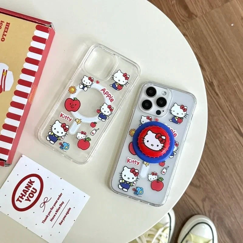 Nic's Electronics Cute Sanrio Hello Kitty Magnetic Wallet Bracket Magsafe Wireless Charge Phone Case For iPhone 16 15 14 13 12 11 Pro Max Cover