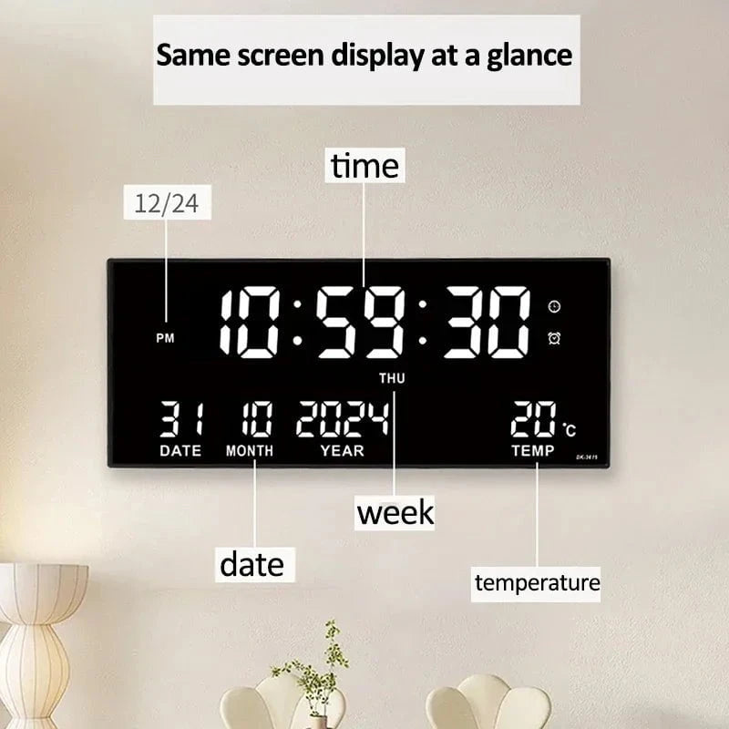 Nic's Electronics Digital Large Wall Clock Alarm Temperature Date Calendar Display 8 Sets of Alarm Clocks 14'' Electronic LED Clock Plug in Use