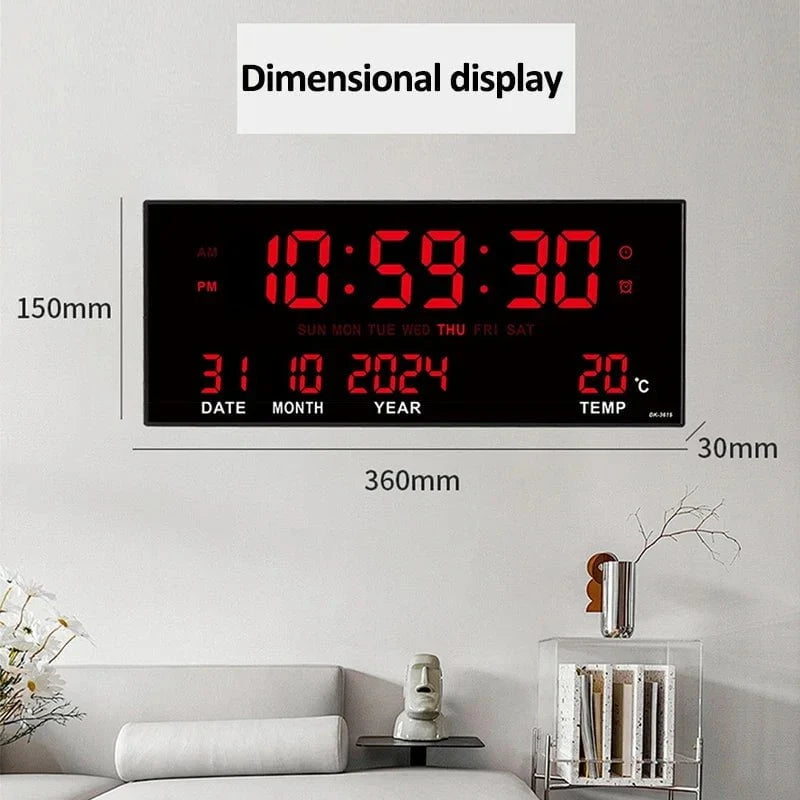 Nic's Electronics Digital Large Wall Clock Alarm Temperature Date Calendar Display 8 Sets of Alarm Clocks 14'' Electronic LED Clock Plug in Use