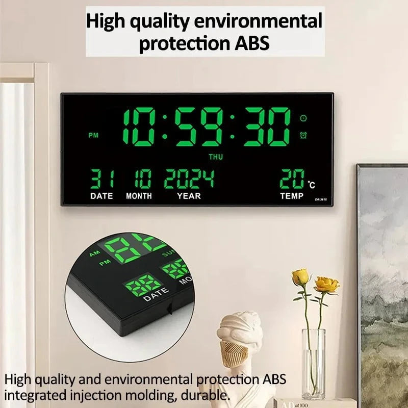 Nic's Electronics Digital Large Wall Clock Alarm Temperature Date Calendar Display 8 Sets of Alarm Clocks 14'' Electronic LED Clock Plug in Use