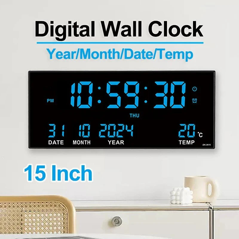 Nic's Electronics Digital Large Wall Clock Alarm Temperature Date Calendar Display 8 Sets of Alarm Clocks 14'' Electronic LED Clock Plug in Use