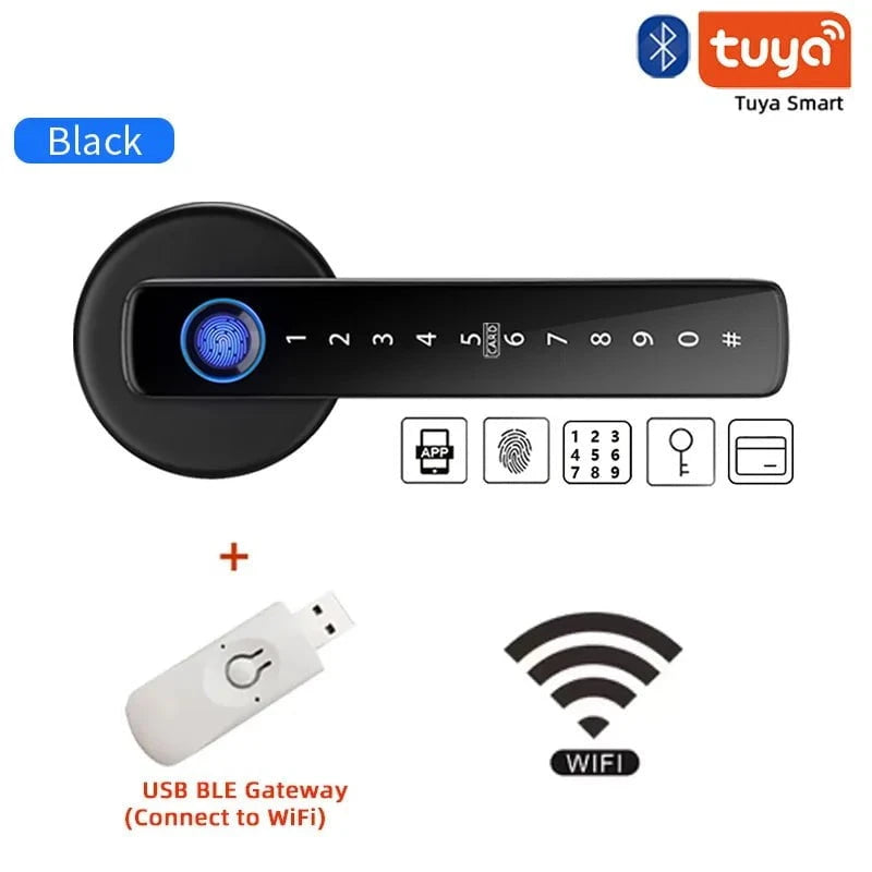 Nic's Electronics F2 Black Gateway XSDTS M5 Tuya BLE Fingerprint Door Lock Digital Electronic Lock with Password/Key/IC Card/ Smartlife/ Tuya APP Unlock