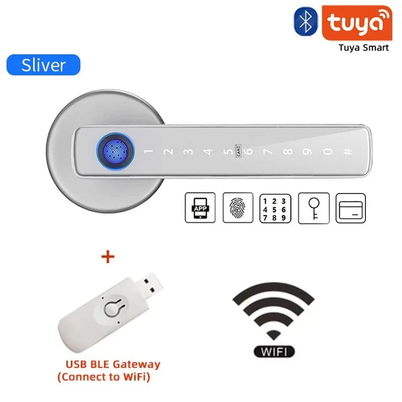 Nic's Electronics F2 Silver Gateway XSDTS M5 Tuya BLE Fingerprint Door Lock Digital Electronic Lock with Password/Key/IC Card/ Smartlife/ Tuya APP Unlock