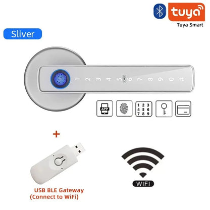 Nic's Electronics F2 Silver Gateway XSDTS M5 Tuya BLE Fingerprint Door Lock Digital Electronic Lock with Password/Key/IC Card/ Smartlife/ Tuya APP Unlock