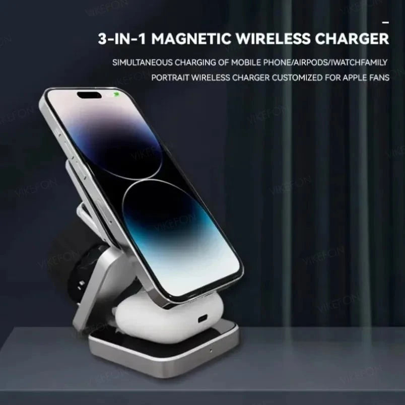 Nic's Electronics Foldable 3 In 1 Wireless Charging Station For iPhone 15 14 13 12 AirPods 3/2 iWatch 9 8 7 for Samsung Galaxy Magnetic Charger