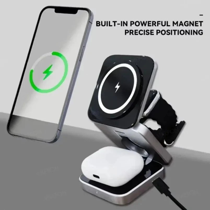 Nic's Electronics Foldable 3 In 1 Wireless Charging Station For iPhone 15 14 13 12 AirPods 3/2 iWatch 9 8 7 for Samsung Galaxy Magnetic Charger