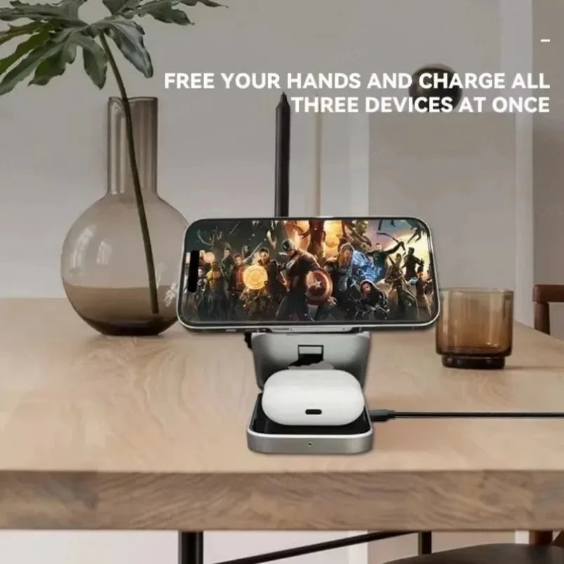 Nic's Electronics Foldable 3 In 1 Wireless Charging Station For iPhone 15 14 13 12 AirPods 3/2 iWatch 9 8 7 for Samsung Galaxy Magnetic Charger
