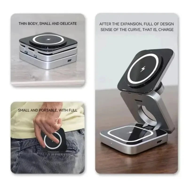 Nic's Electronics Foldable 3 In 1 Wireless Charging Station For iPhone 15 14 13 12 AirPods 3/2 iWatch 9 8 7 for Samsung Galaxy Magnetic Charger