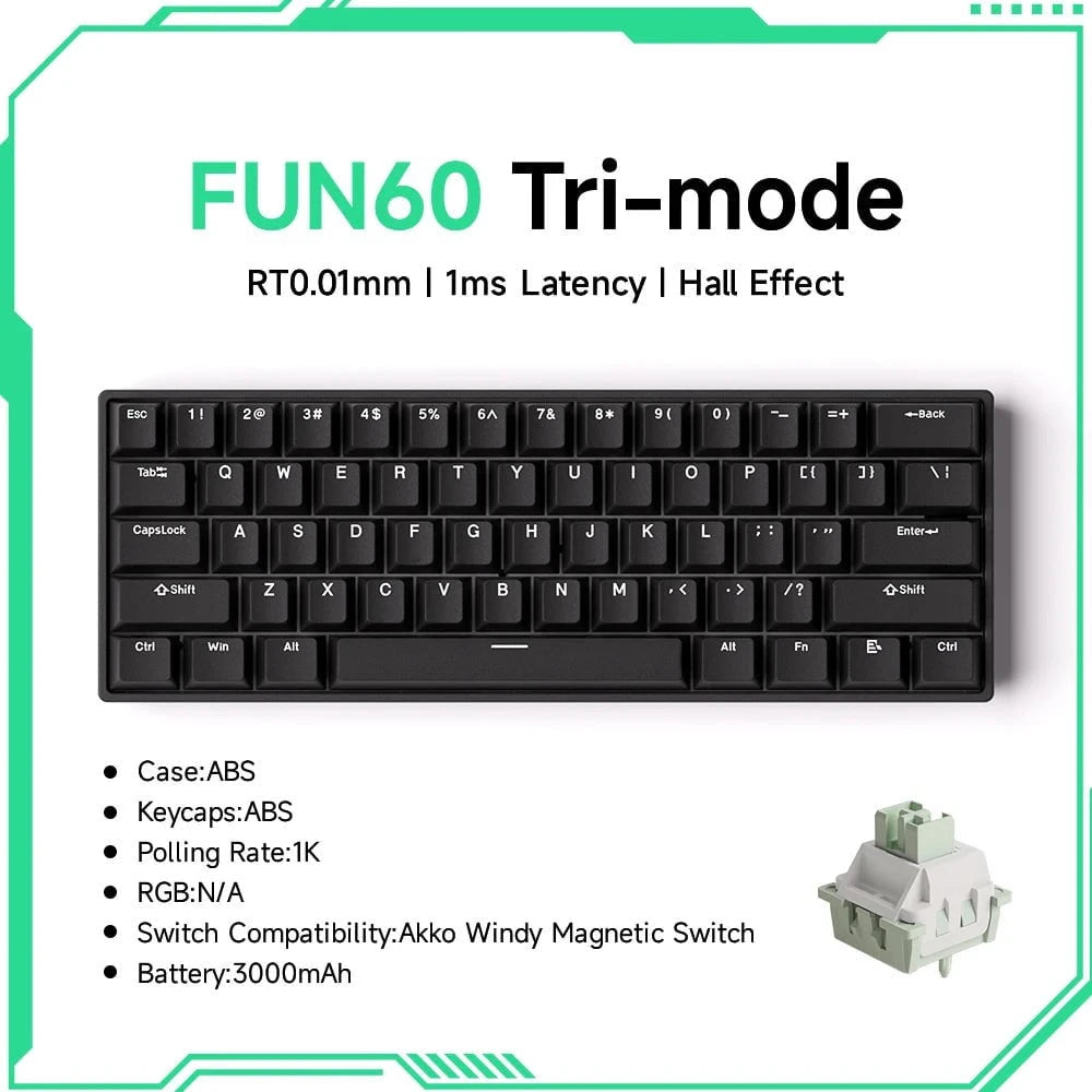 Nic's Electronics FUN60 Black Tri-mode Akko MonsGeek FUN68 FUN60 PRO&MAX  HE Magnetic Keyboard 60% 65% Gaming Keyboards Rapid Trigger 8K Custom Keyboard Gamer Esports