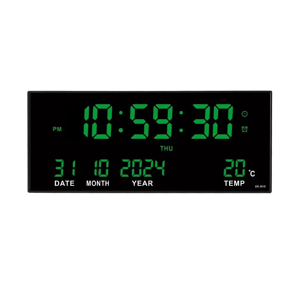 Nic's Electronics green / CHINA Digital Large Wall Clock Alarm Temperature Date Calendar Display 8 Sets of Alarm Clocks 14'' Electronic LED Clock Plug in Use