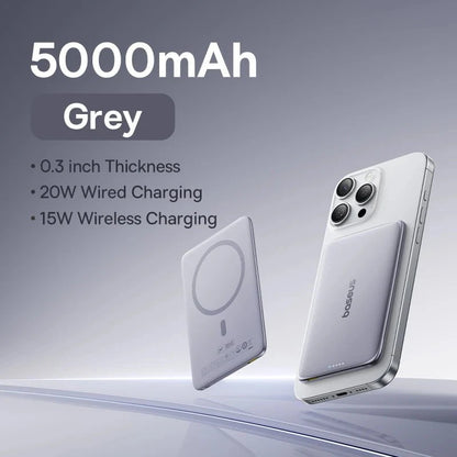Nic's Electronics Grey / 5000mAh / uzbekistan Baseus 5000mAh Magnetic Power Bank 15W Wireless 20W Wired Charging Thin Card-Sized Slim Portable Powerbank for iPhone Samsung