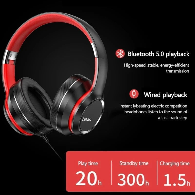 Nic's Electronics HD200 Black Lenovo HD200 Bluetooth Earphones Over-ear Foldable Computer Wireless Headphones Noise Cancellation HIFI Stereo Gaming Headset