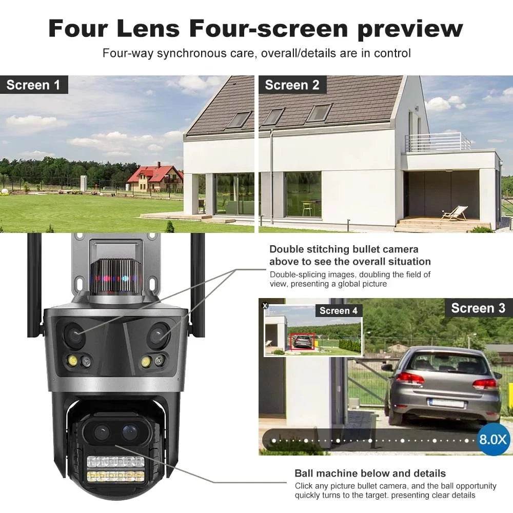 ICsee 8K Wireless Security Camera with Four Lenses & 8X Zoom - Nic's Electronics