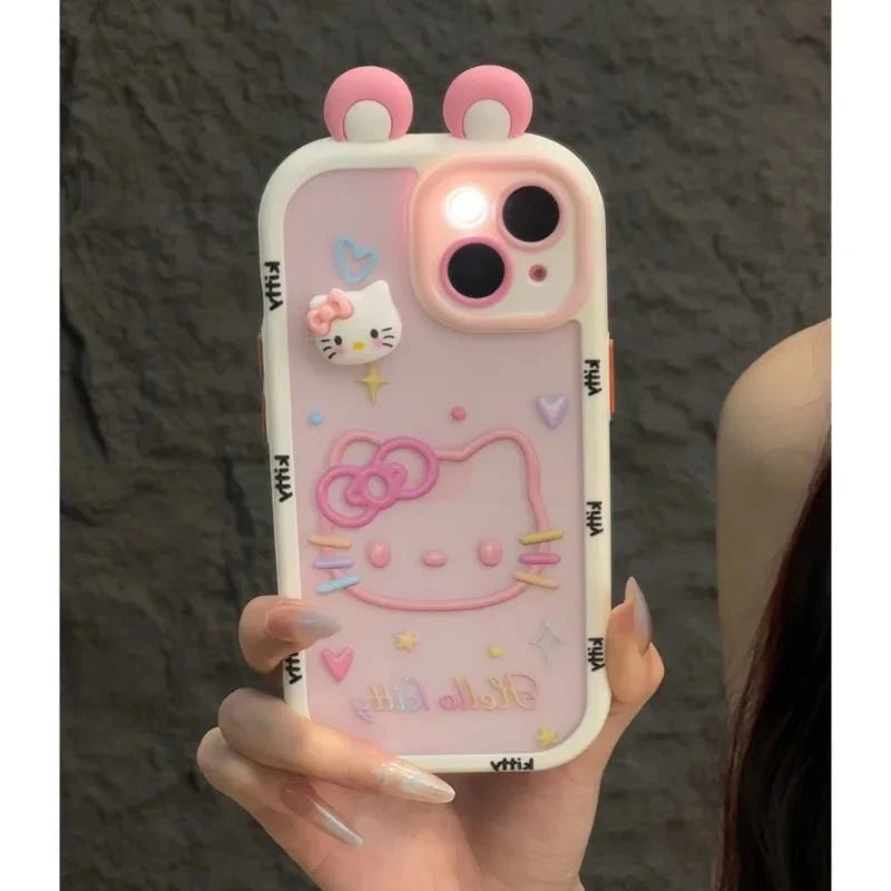 Nic's Electronics Kawaii Sanrio Hello Kitty Three-dimensional Ear Cute Soft Silicone Phone Case Applicable To iPhone 16 15 14 13 12 11 Pro Max