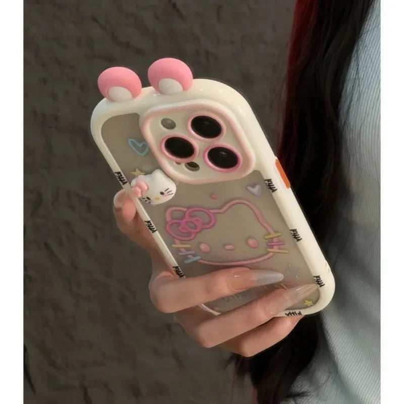 Nic's Electronics Kawaii Sanrio Hello Kitty Three-dimensional Ear Cute Soft Silicone Phone Case Applicable To iPhone 16 15 14 13 12 11 Pro Max