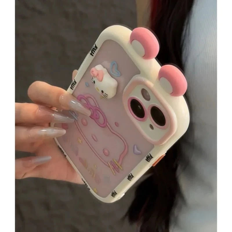 Nic's Electronics Kawaii Sanrio Hello Kitty Three-dimensional Ear Cute Soft Silicone Phone Case Applicable To iPhone 16 15 14 13 12 11 Pro Max