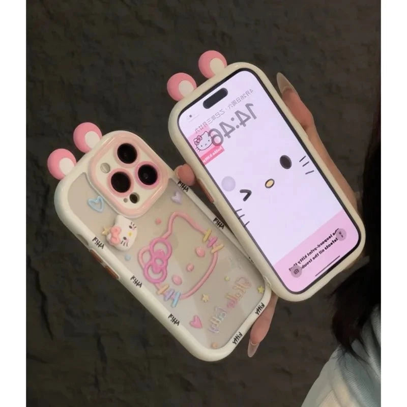 Nic's Electronics Kawaii Sanrio Hello Kitty Three-dimensional Ear Cute Soft Silicone Phone Case Applicable To iPhone 16 15 14 13 12 11 Pro Max