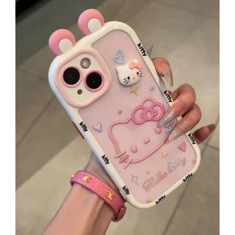 Nic's Electronics Kawaii Sanrio Hello Kitty Three-dimensional Ear Cute Soft Silicone Phone Case Applicable To iPhone 16 15 14 13 12 11 Pro Max