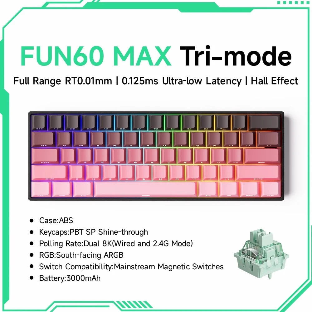 Nic's Electronics MAX Pink Tri-mode Akko MonsGeek FUN68 FUN60 PRO&MAX  HE Magnetic Keyboard 60% 65% Gaming Keyboards Rapid Trigger 8K Custom Keyboard Gamer Esports