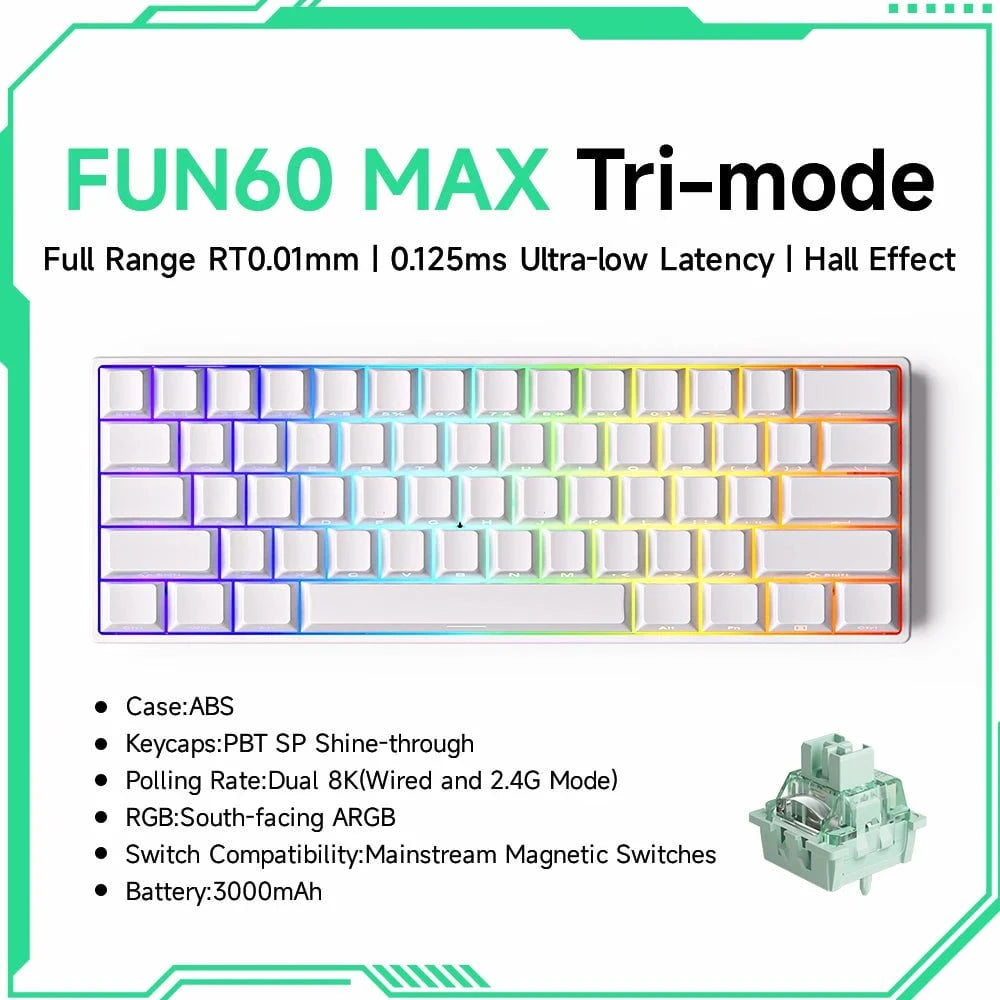 Nic's Electronics MAX White Tri-mode Akko MonsGeek FUN68 FUN60 PRO&MAX  HE Magnetic Keyboard 60% 65% Gaming Keyboards Rapid Trigger 8K Custom Keyboard Gamer Esports