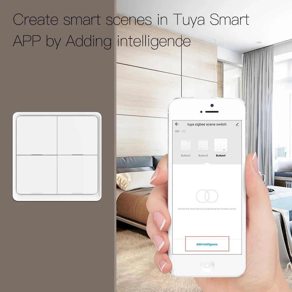 Nic's Electronics MOES 4 Gang Tuya ZigBee Wireless 12 Scene Switch Push Button Controller Battery Powered Automation Scenario for Tuya Devices