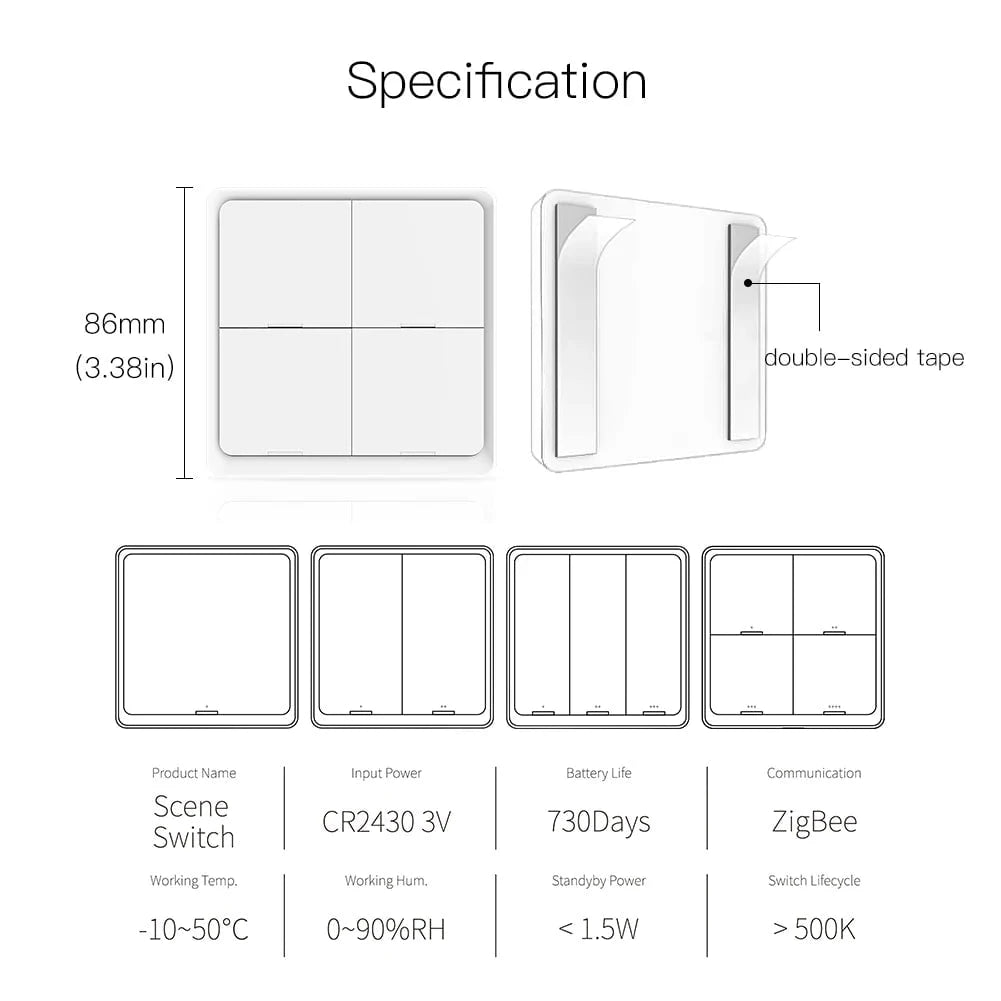 Nic's Electronics MOES 4 Gang Tuya ZigBee Wireless 12 Scene Switch Push Button Controller Battery Powered Automation Scenario for Tuya Devices