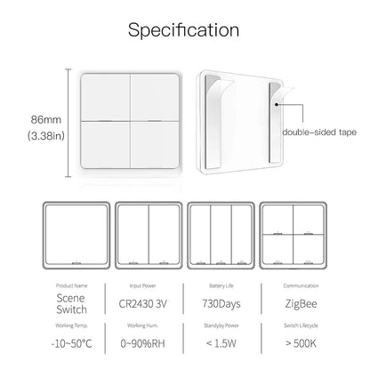 Nic's Electronics MOES 4 Gang Tuya ZigBee Wireless 12 Scene Switch Push Button Controller Battery Powered Automation Scenario for Tuya Devices