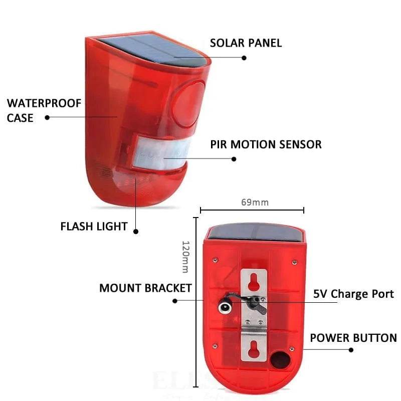 Solar Motion Sensor Alarm with 110db Siren & Strobe Light - Nic's Electronics