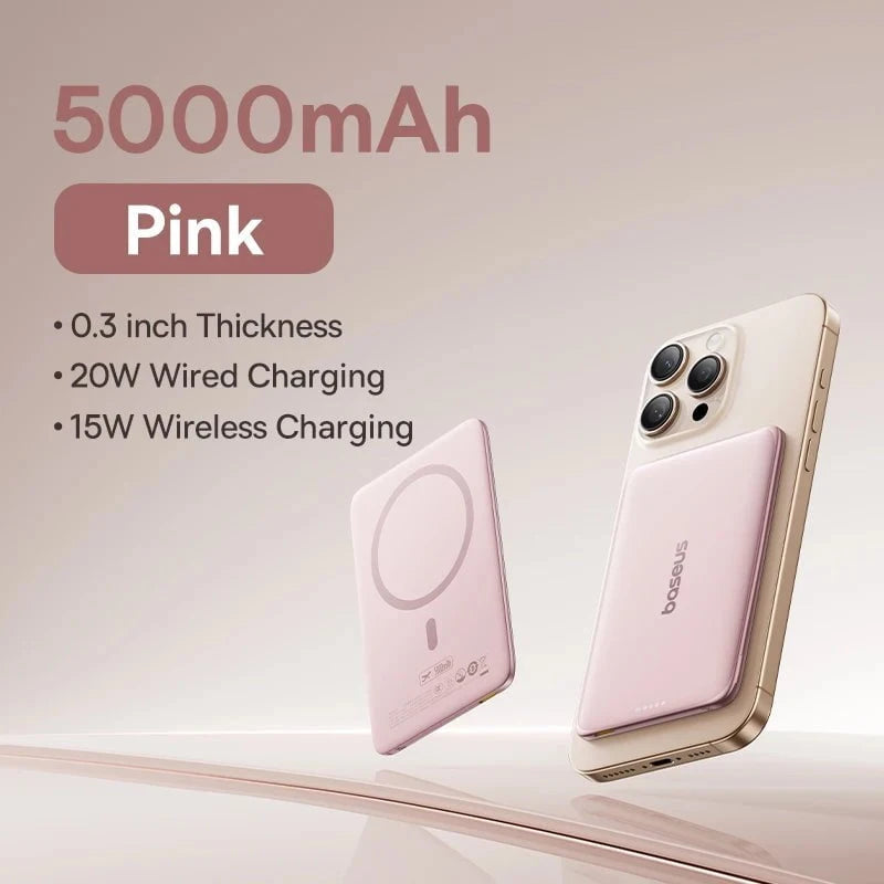 Nic's Electronics Pink / 5000mAh / uzbekistan Baseus 5000mAh Magnetic Power Bank 15W Wireless 20W Wired Charging Thin Card-Sized Slim Portable Powerbank for iPhone Samsung