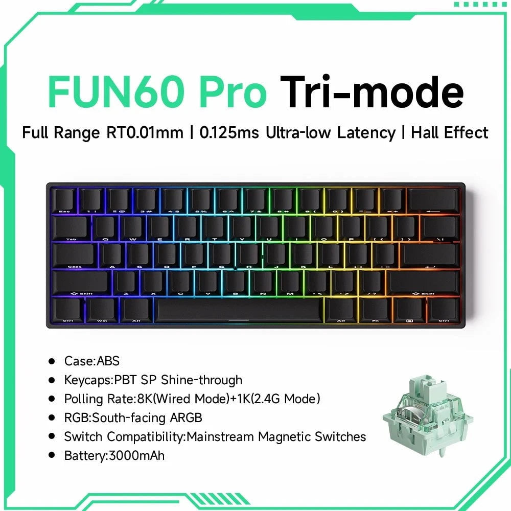 Nic's Electronics Pro Black Tri-mode Akko MonsGeek FUN68 FUN60 PRO&MAX  HE Magnetic Keyboard 60% 65% Gaming Keyboards Rapid Trigger 8K Custom Keyboard Gamer Esports
