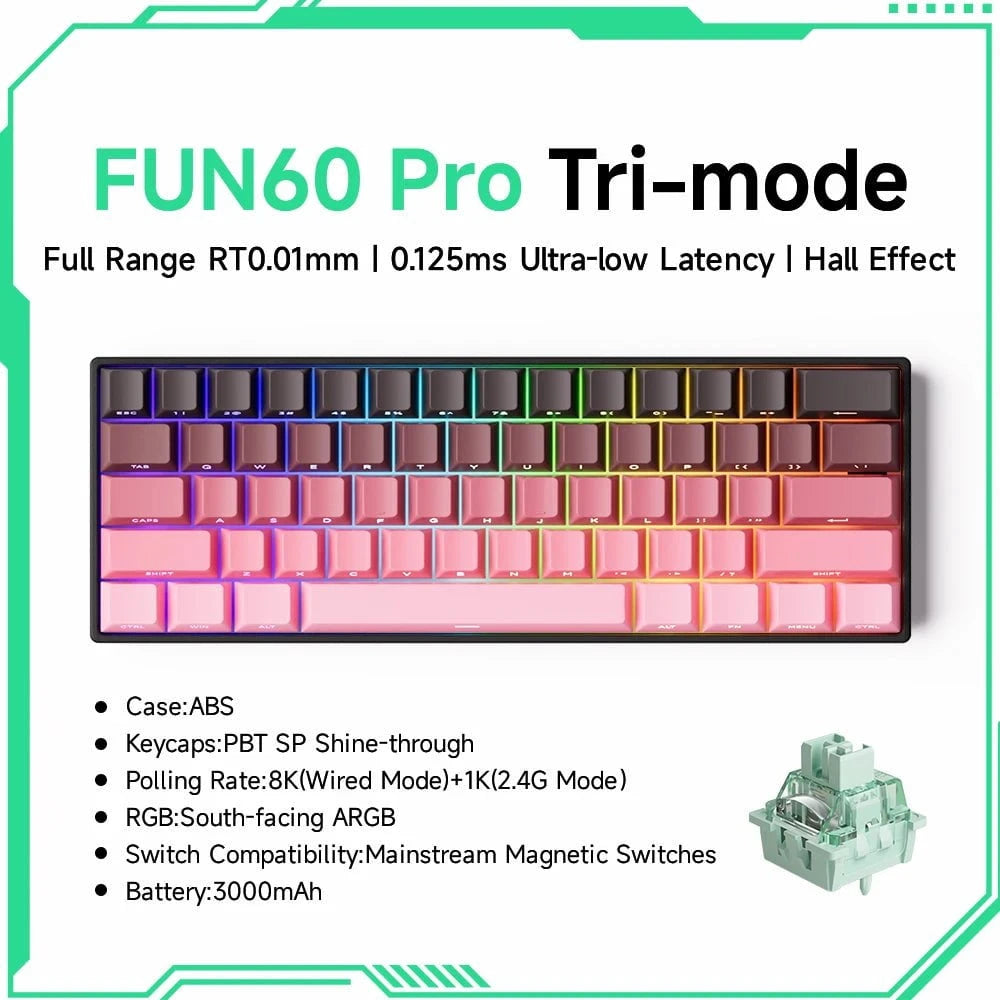 Nic's Electronics PRO Pink Tri-mode Akko MonsGeek FUN68 FUN60 PRO&MAX  HE Magnetic Keyboard 60% 65% Gaming Keyboards Rapid Trigger 8K Custom Keyboard Gamer Esports