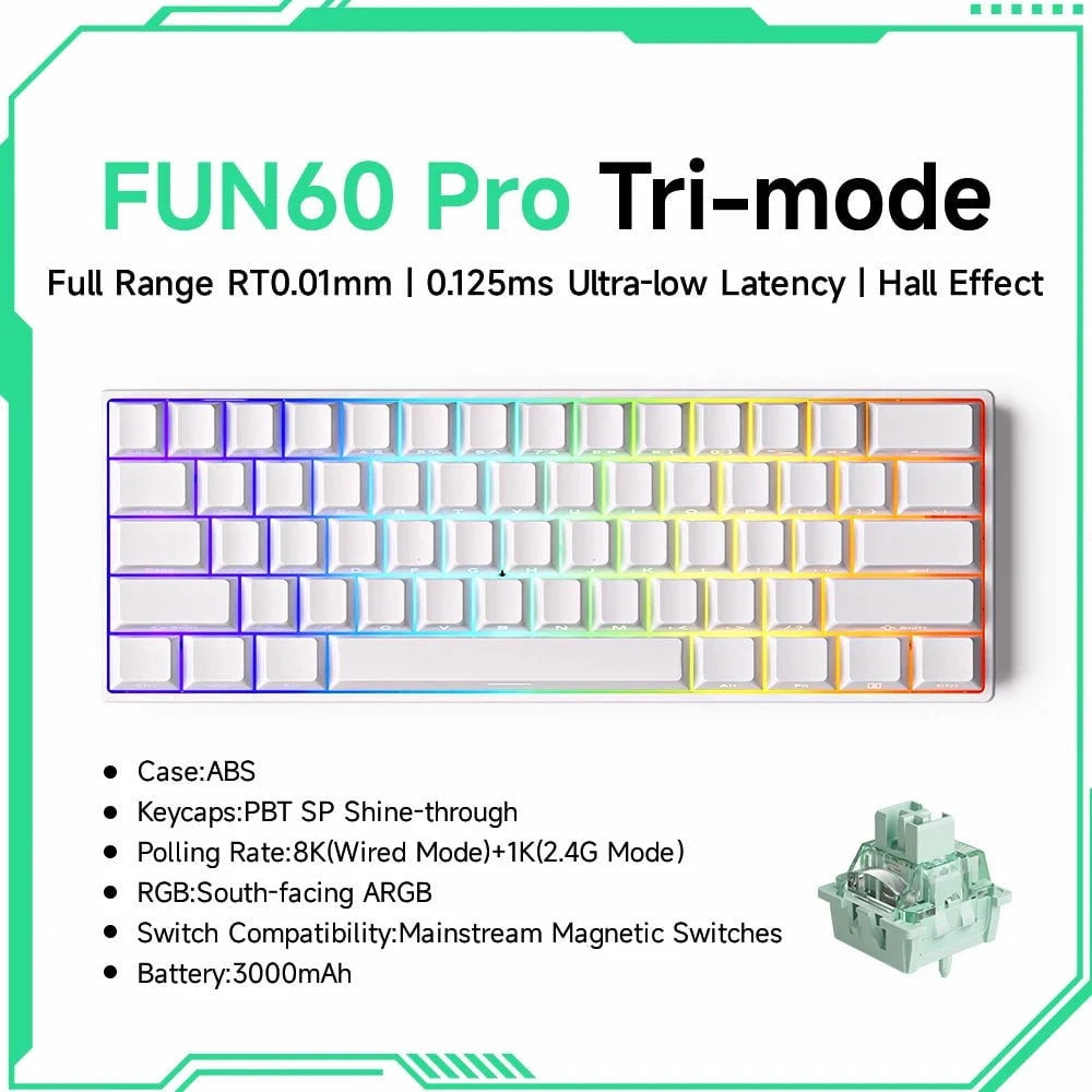 Nic's Electronics Pro White Tri-mode Akko MonsGeek FUN68 FUN60 PRO&MAX  HE Magnetic Keyboard 60% 65% Gaming Keyboards Rapid Trigger 8K Custom Keyboard Gamer Esports