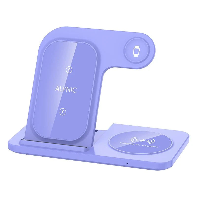 Nic's Electronics Purple 30W 3 in 1 LED Fast Wireless Charger Stand Foldable Charging Station For iPhone 15 14 13 12 11 Apple Watch 9 8 7 6 5 Airpods Pro