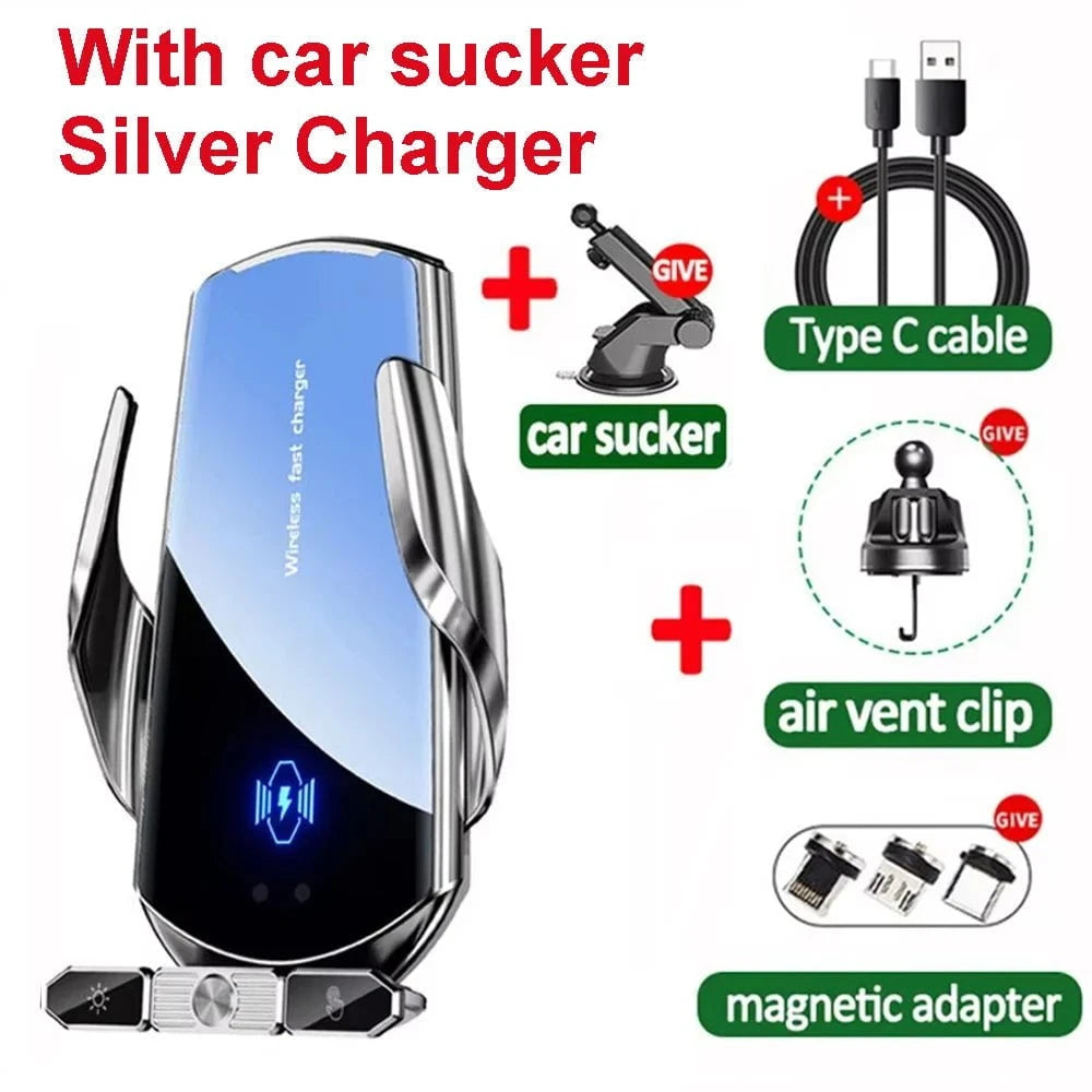 Nic's Electronics Silver With Sucker Car Wireless Charger Magnetic Fast Charging Station Air Vent Stand Car Phone Holder Mount For iPhone 16 15 14 13 12 Pro Samsung